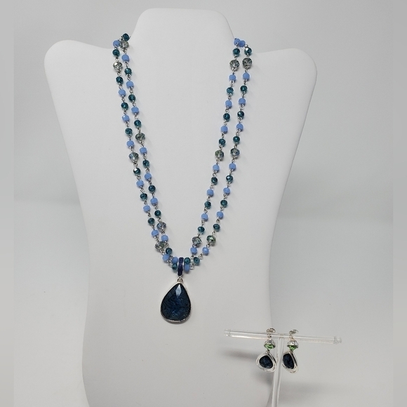 NAPIER DEMI PARURE NECKLACE CLIP ON EARRINGS SILVER BLUE GREEN FAUX STONE BEADS - Picture 2 of 16